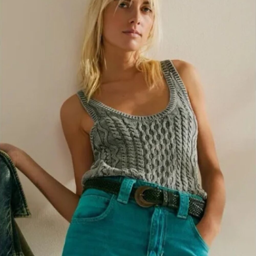 new Free People High Tide  100% Cotton Cable Tank top in Green Tea